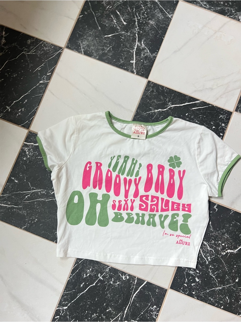 Allure White Crop Tee with Pink & Green Retro Graphic